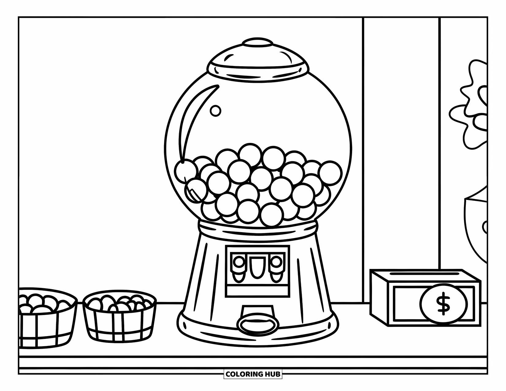 Gumball Coloring Page for Kids: A cute gumball machine sits on a counter with candy and a money box nearby