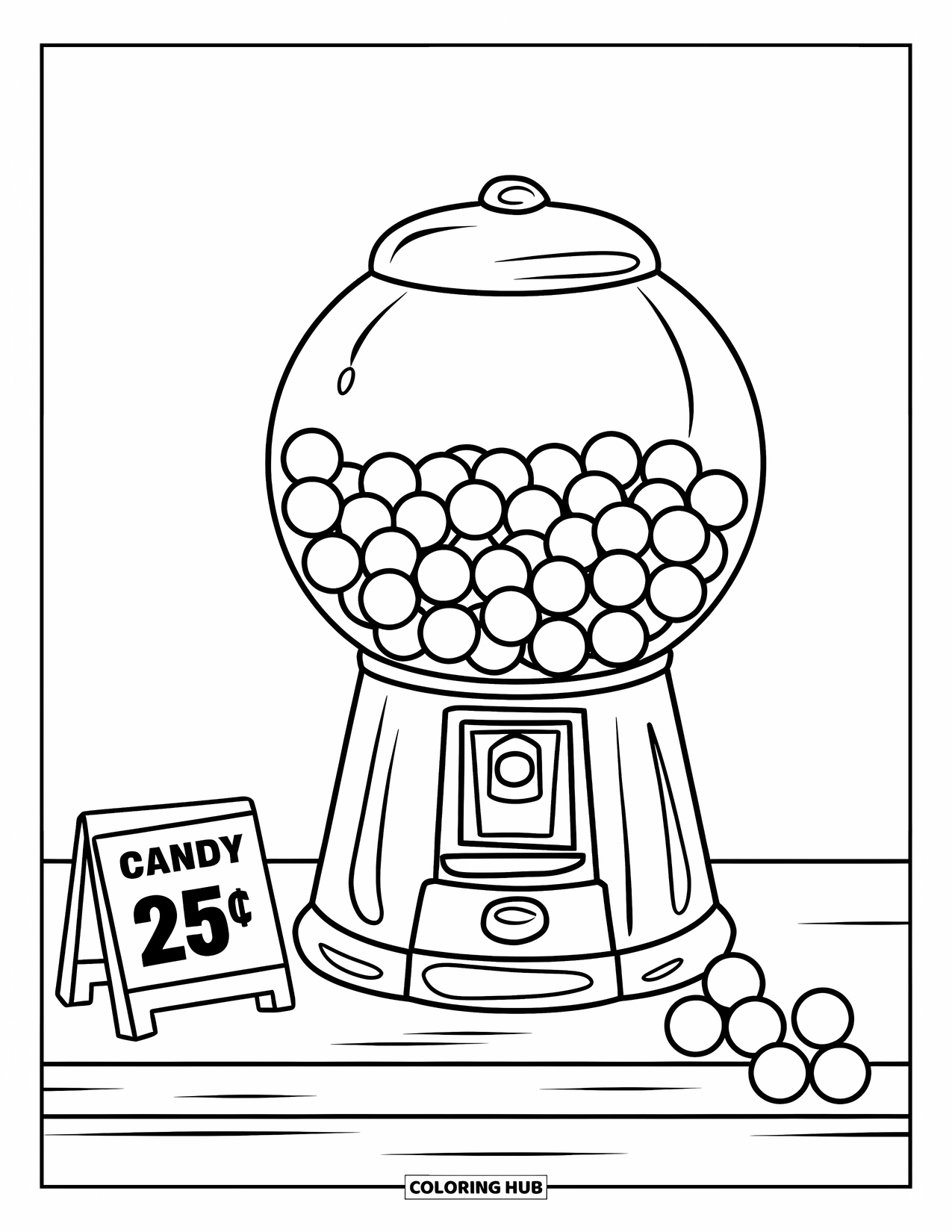 Gumball Coloring Page for Kids: A gumball machine on a counter has a 25¢ sign and colorful gumballs spilling out