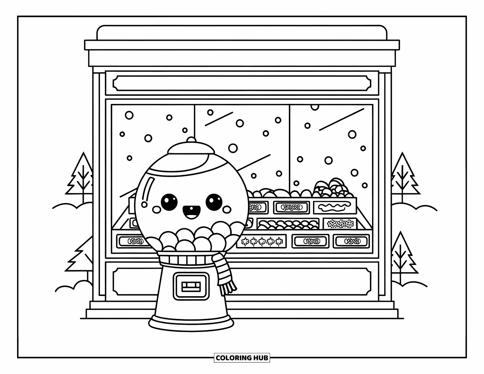 Gumball Coloring Page for Kids: A gumball machine smiles in front of a sweet shop window in a snowy setting