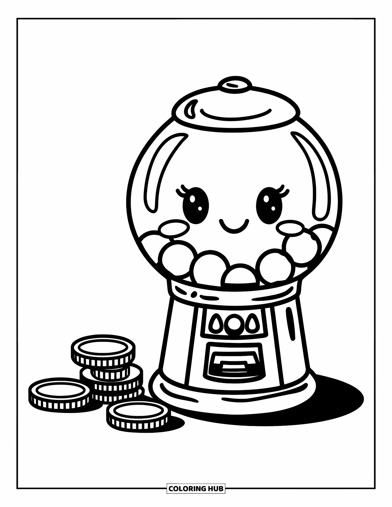 Gumball Coloring Page for Kids: A gumball machine with a smile and tall body stands next to a coin pile