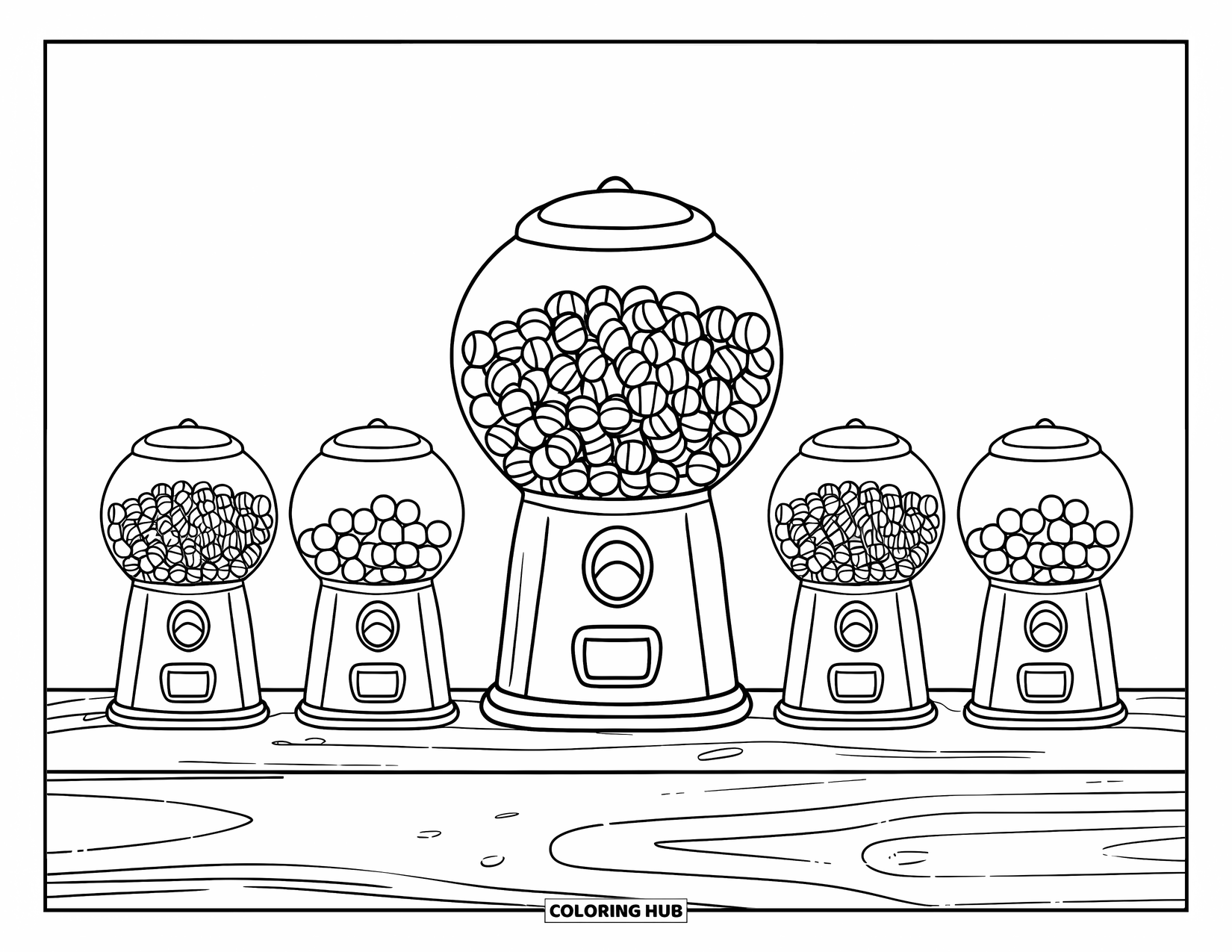 Gumball Coloring Page for Kids: A row of candy dispensers sits on a wooden base with a big gumball machine in the center