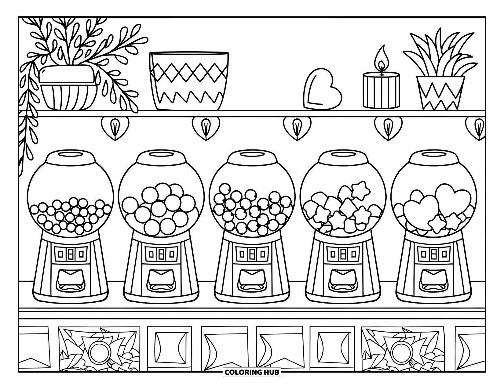 Gumball Coloring Page for Kids: A shelf displays gumball machines filled with stars, hearts, and striped patterns