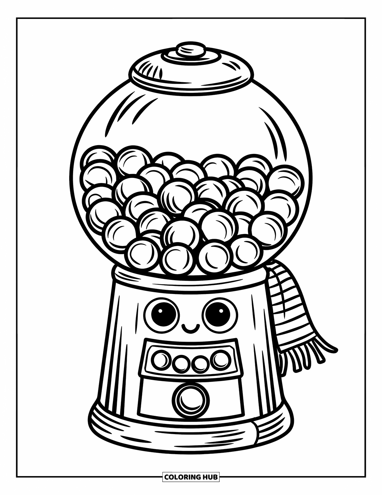 Gumball Coloring Page for Kids: A smiling gumball machine with gears and a scarf spills candy joyfully
