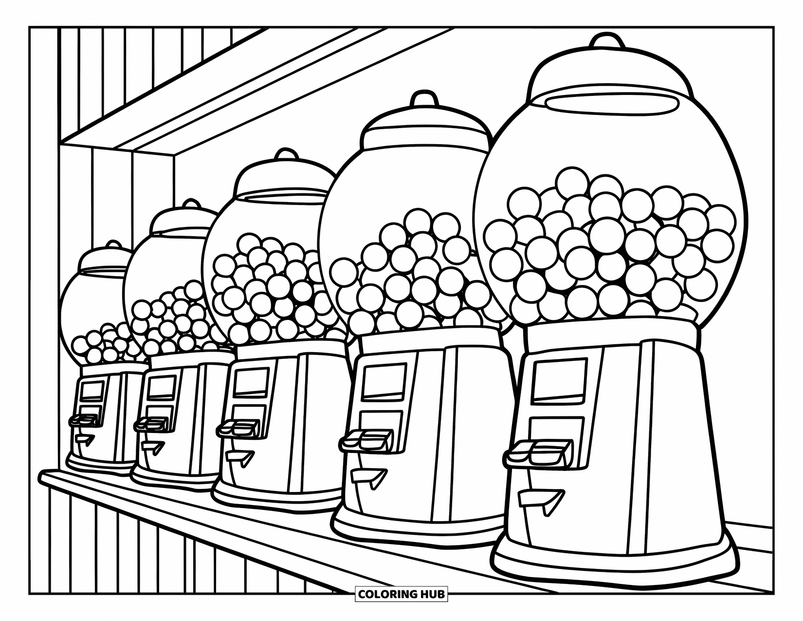 Gumball Coloring Page for Kids: Candy machines on a wooden shelf surround a gumball machine and a tiny basket of treats