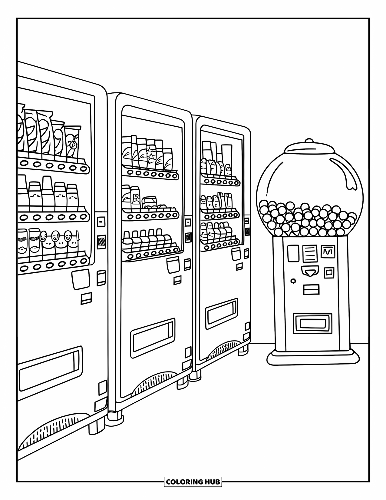 Gumball Coloring Page for Kids: Snack and drink machines line up with a gumball machine tucked into the row