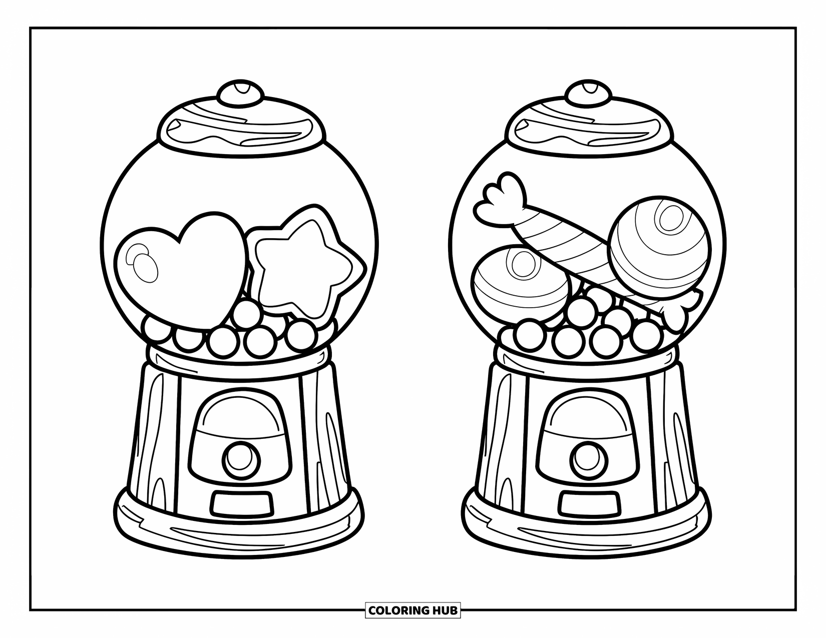 Gumball Coloring Page for Kids: Two candy machines sit side by side, filled with star, heart, and smiley candies