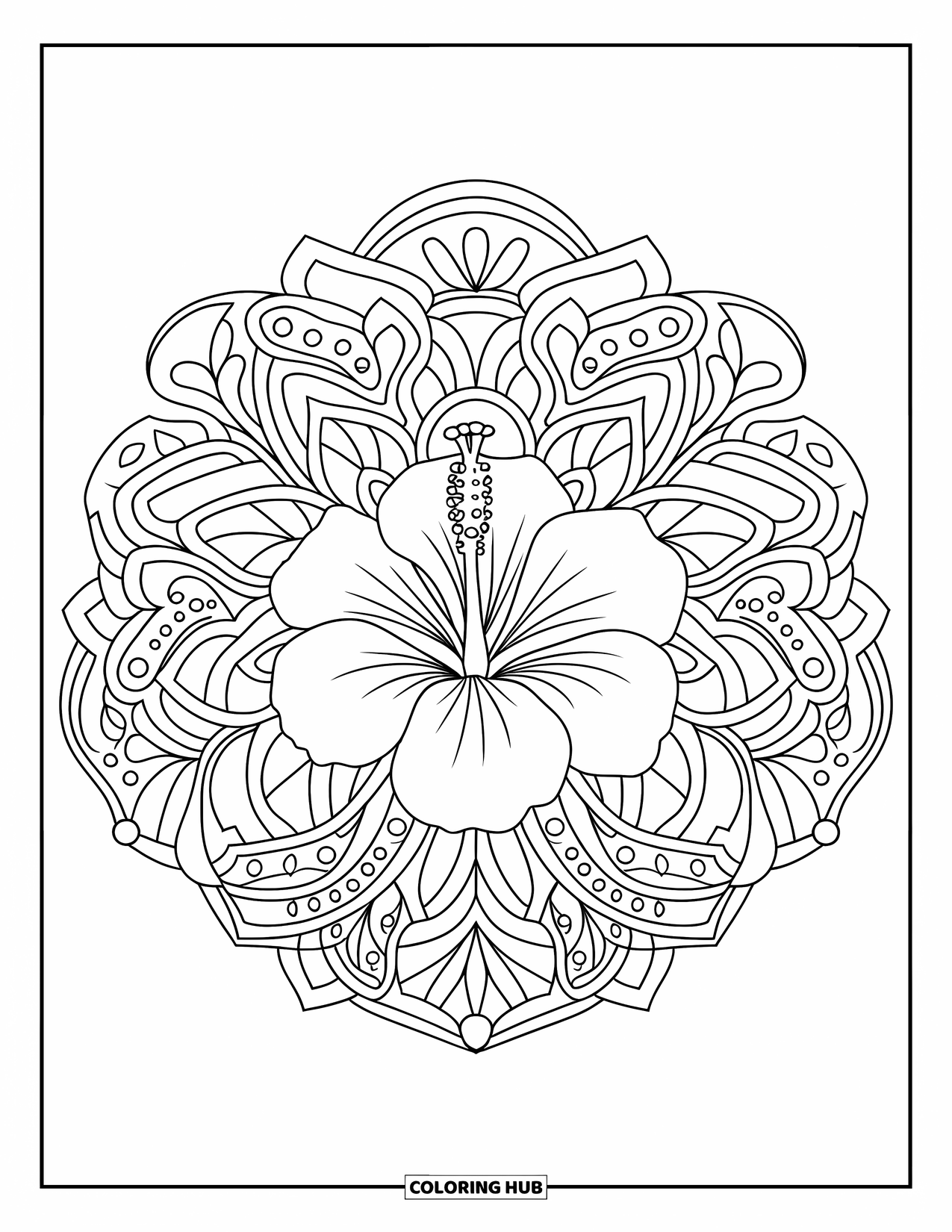 Hawaiian Flower Coloring Page for Adults: A bold hibiscus bloom is centered in a full-page botanical mandala