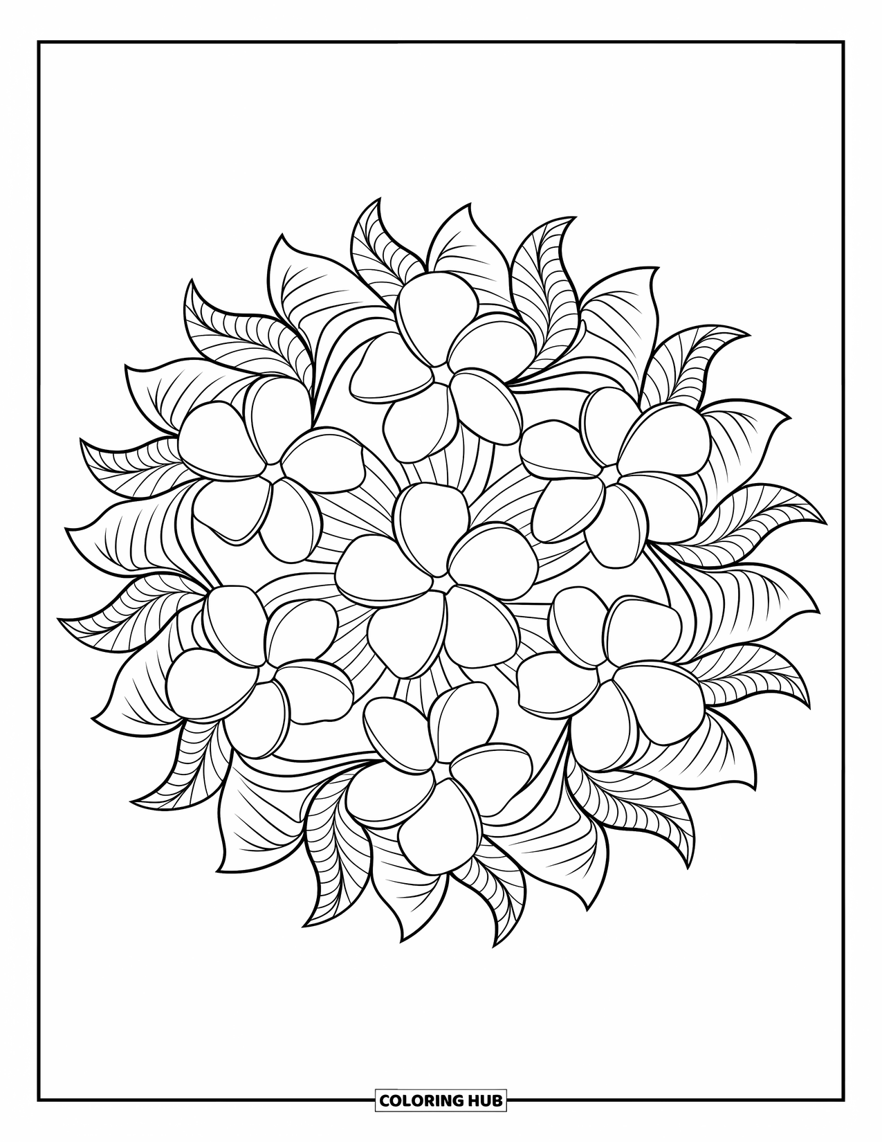 Hawaiian Flower Coloring Page for Adults: A circular mandala of plumeria and orchids is filled with intricate leaf patterns