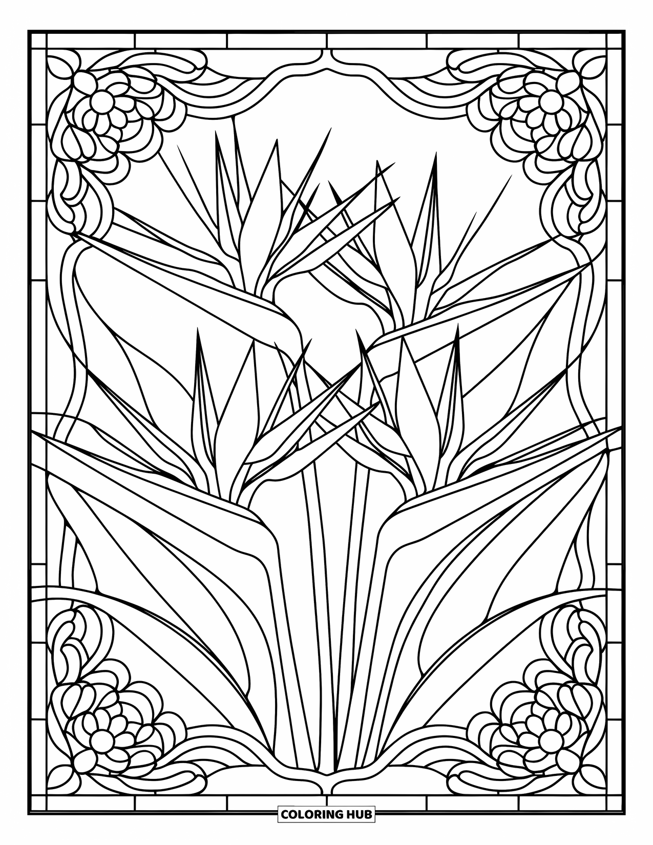 Hawaiian Flower Coloring Page for Adults: A cluster of bird of paradise flowers rests inside a decorative stained glass border