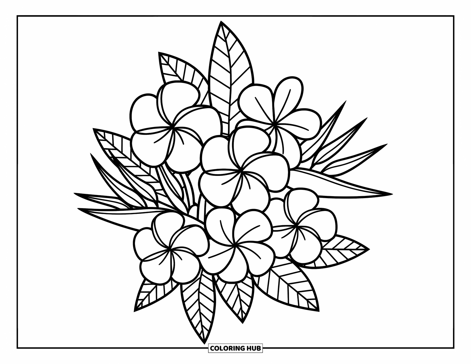 Hawaiian Flower Coloring Page for Adults: A cute bouquet of tropical flowers cozily layered with rounded petals and tucked-in leaves