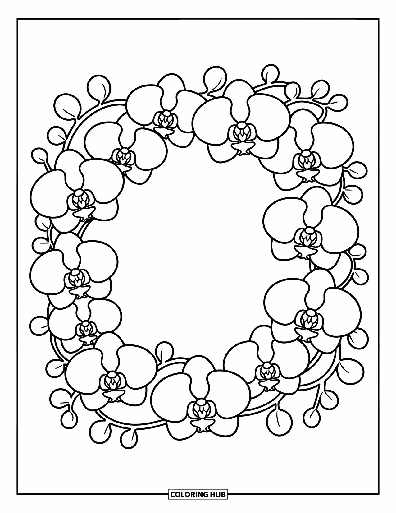 Hawaiian Flower Coloring Page for Adults: A cute orchid garland forms a soft rectangular frame with rounded petals and corners