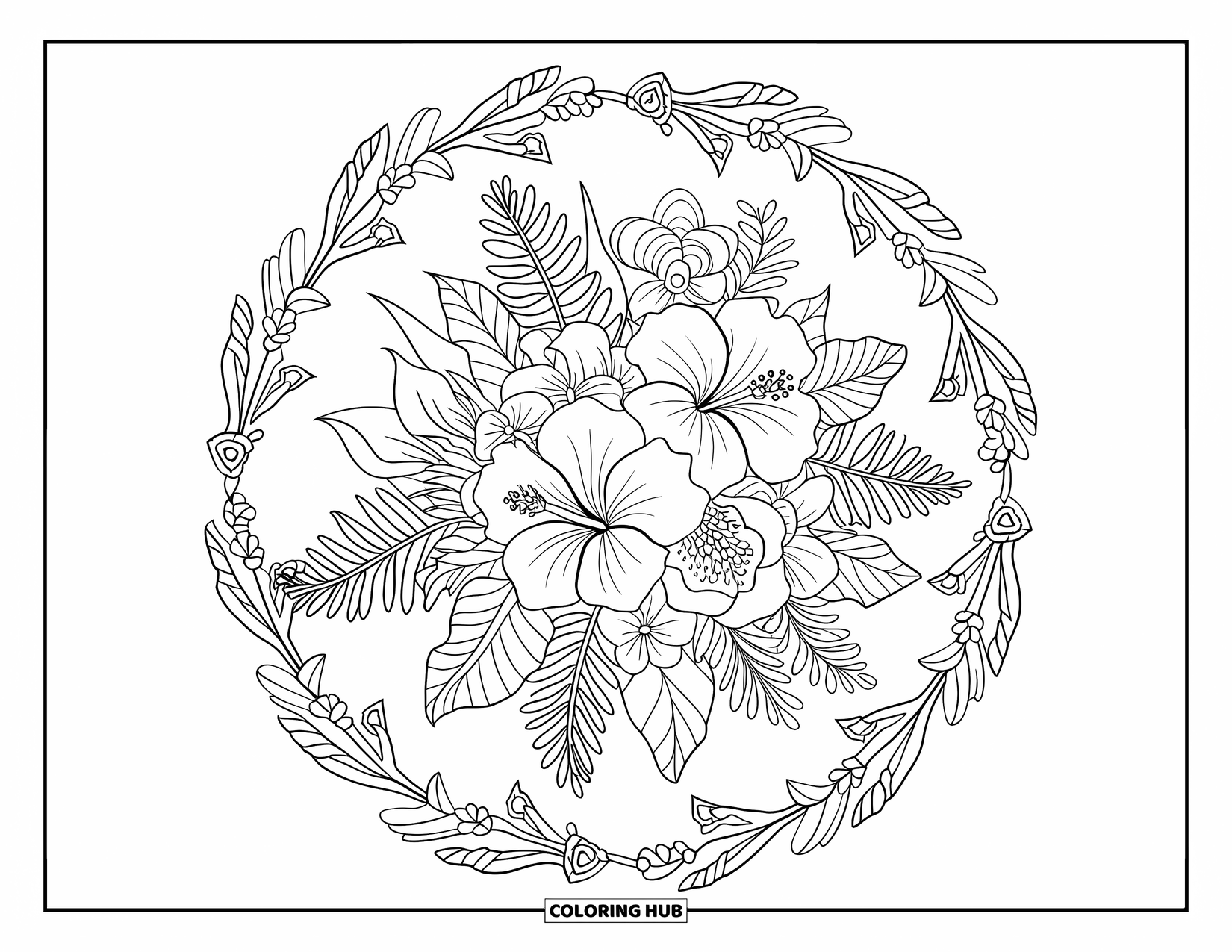 Hawaiian Flower Coloring Page for Adults: A large Hawaiian flower bouquet sits inside a swirling floral mandala frame