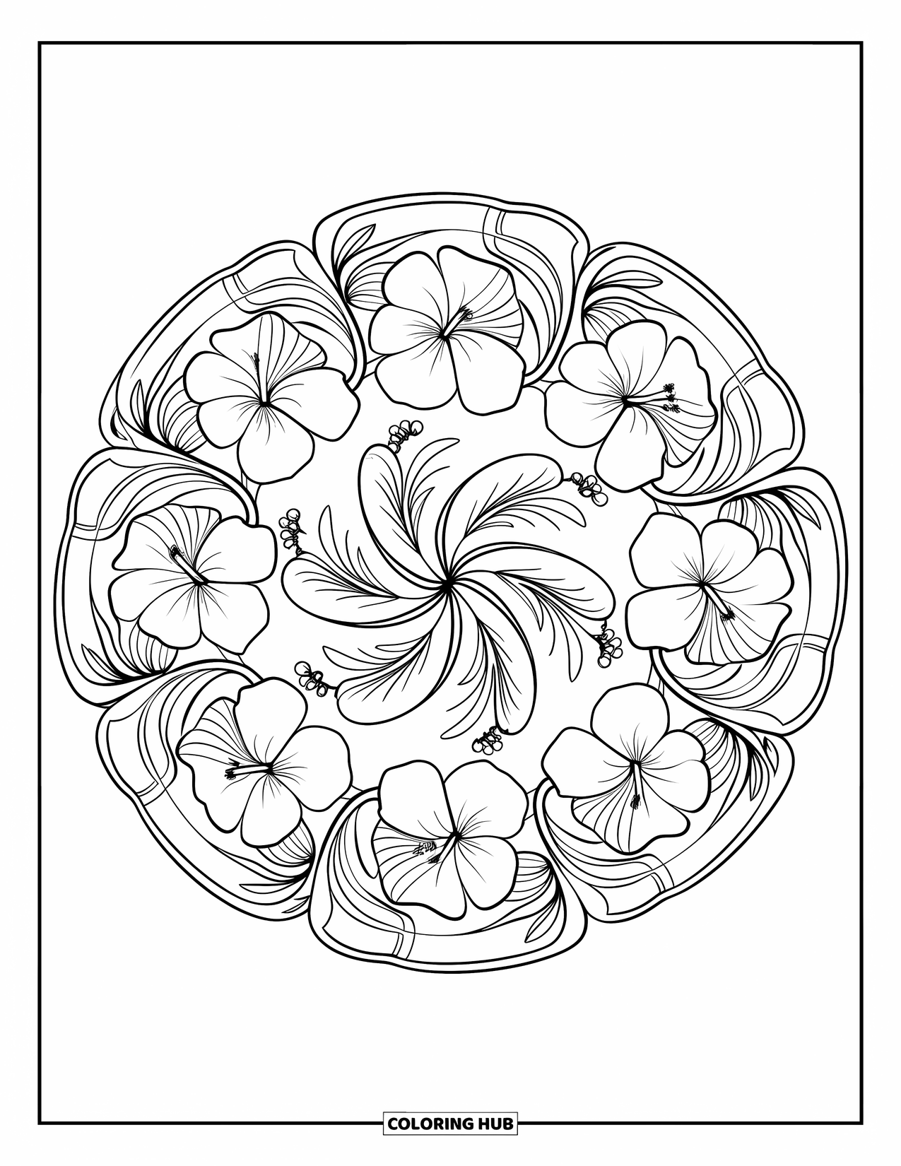 Hawaiian Flower Coloring Page for Adults: A mandala spirals outward with hibiscus and ginger flowers in clean bold outlines