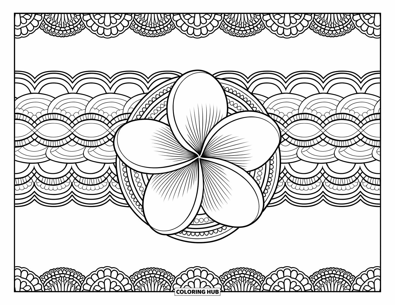 Hawaiian Flower Coloring Page for Adults: A plumeria flower rests among textured floral rings and intricate lace borders