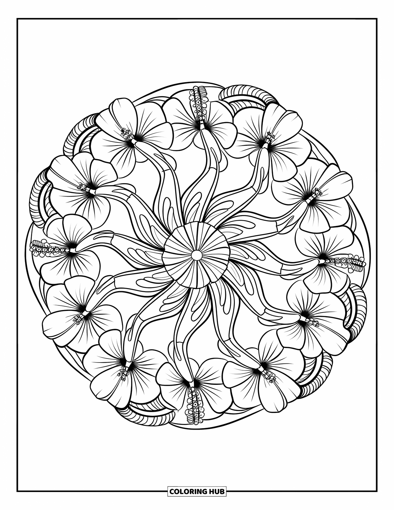 Hawaiian Flower Coloring Page for Adults: A spiral of tropical blooms creates a calming, intricate mandala design