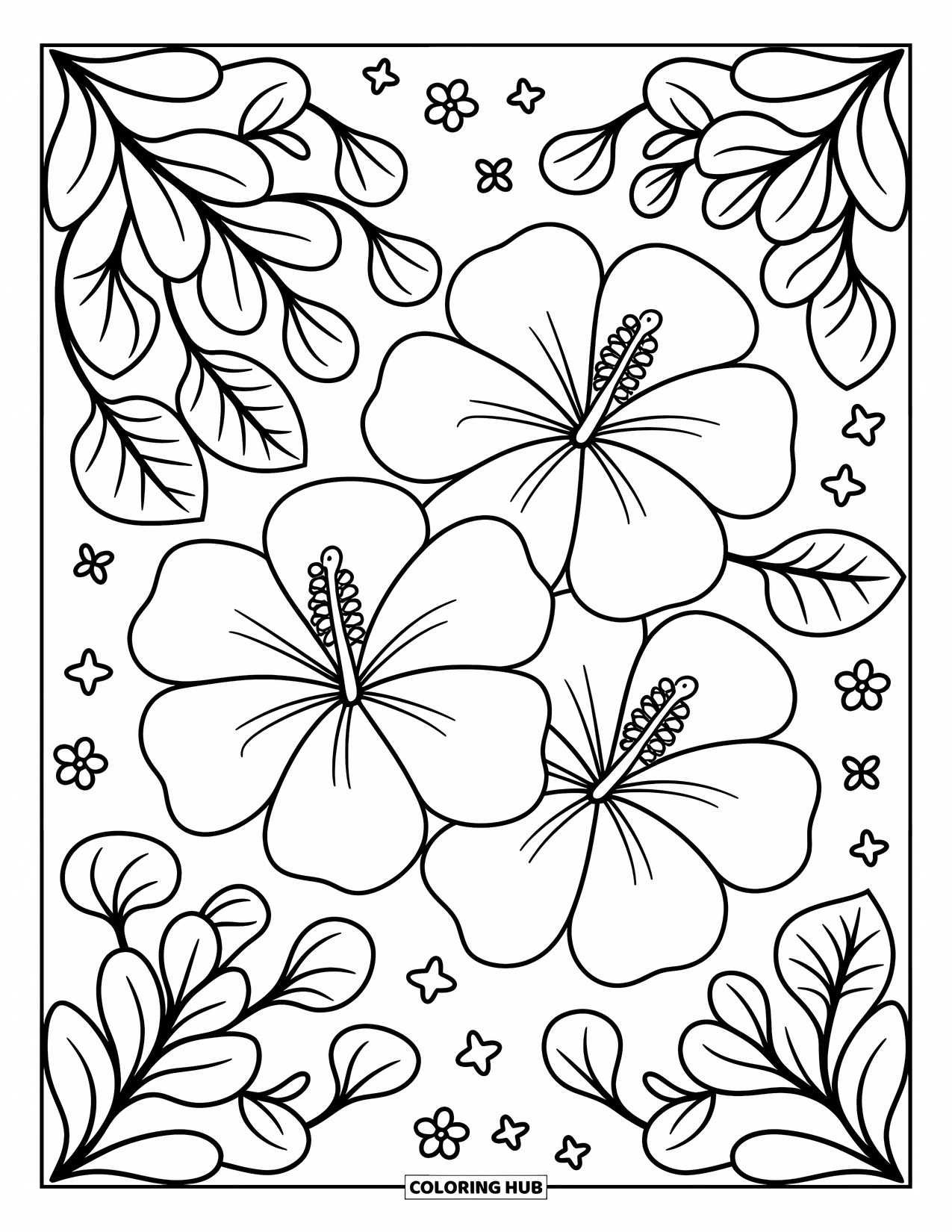 Hawaiian Flower Coloring Page for Adults: A trio of hibiscus blooms nest together with playful leaves and tiny friendly accents