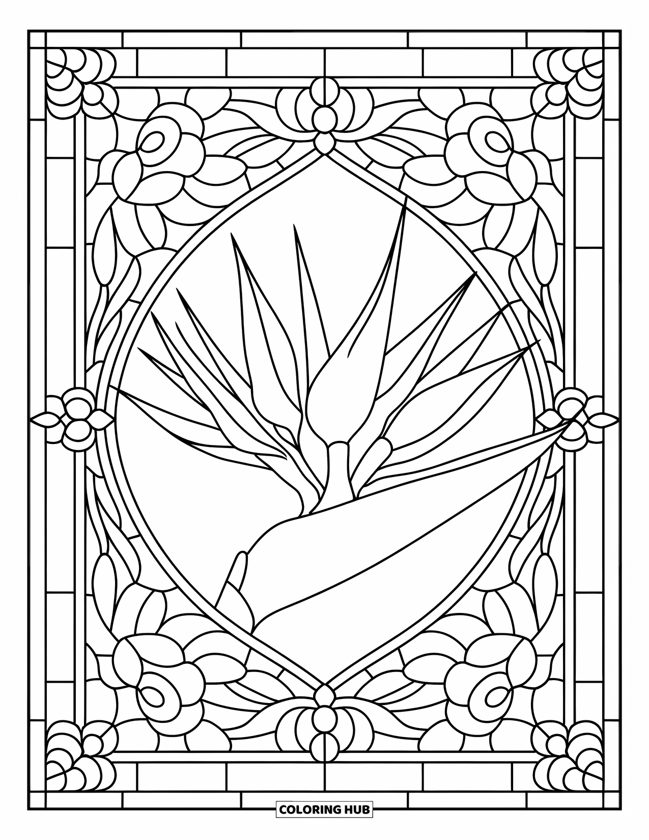 Hawaiian Flower Coloring Page for Adults: Bird of paradise bloom stands inside a floral stained glass-style frame