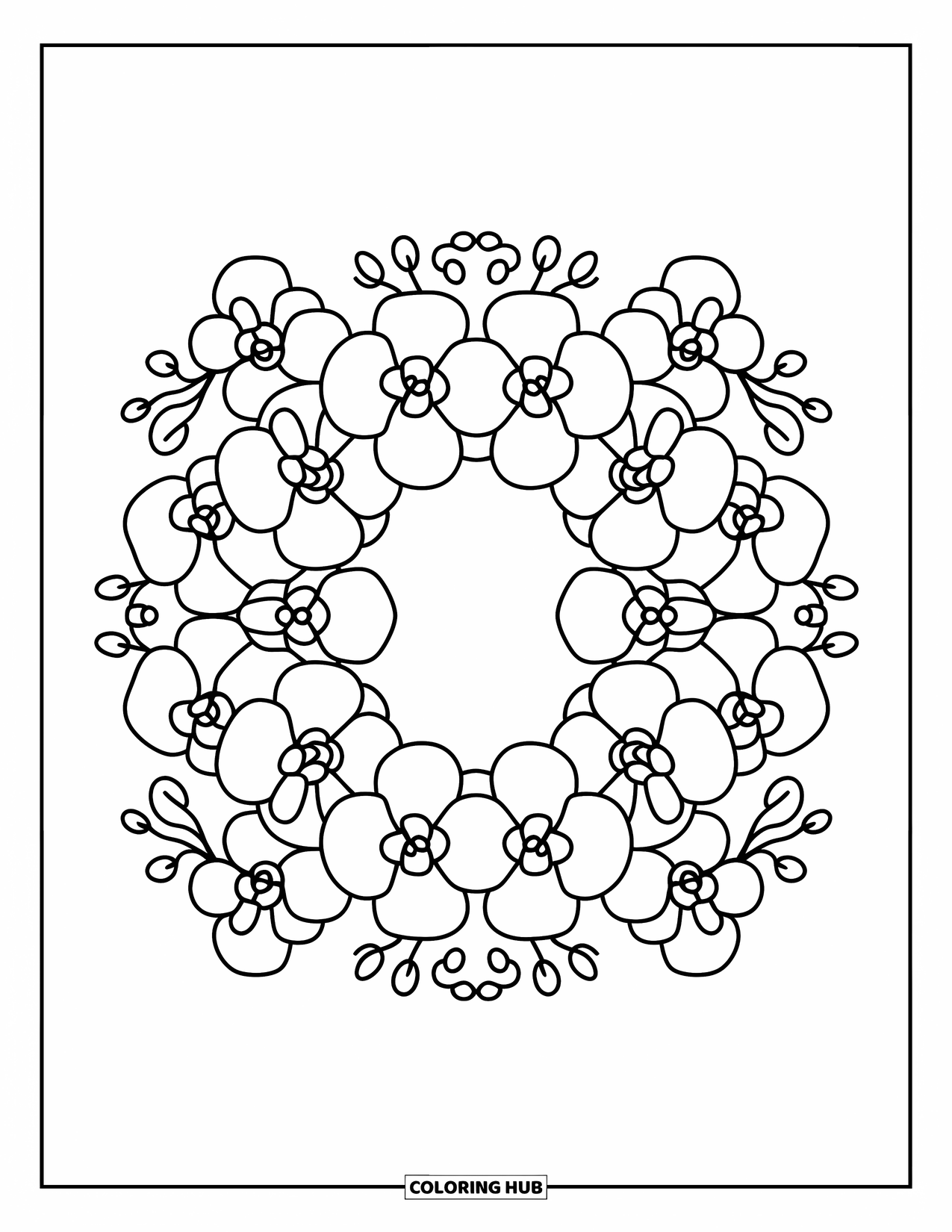 Hawaiian Flower Coloring Page for Adults: Cheerful orchids frame a cozy floral border with tiny buds at the corners