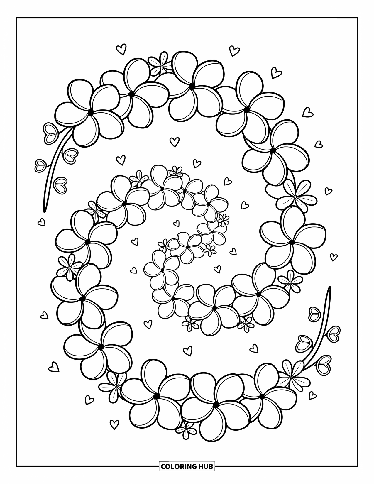 Hawaiian Flower Coloring Page for Adults: Cute plumeria blossoms spiral around tiny hearts and stars in a cozy pattern