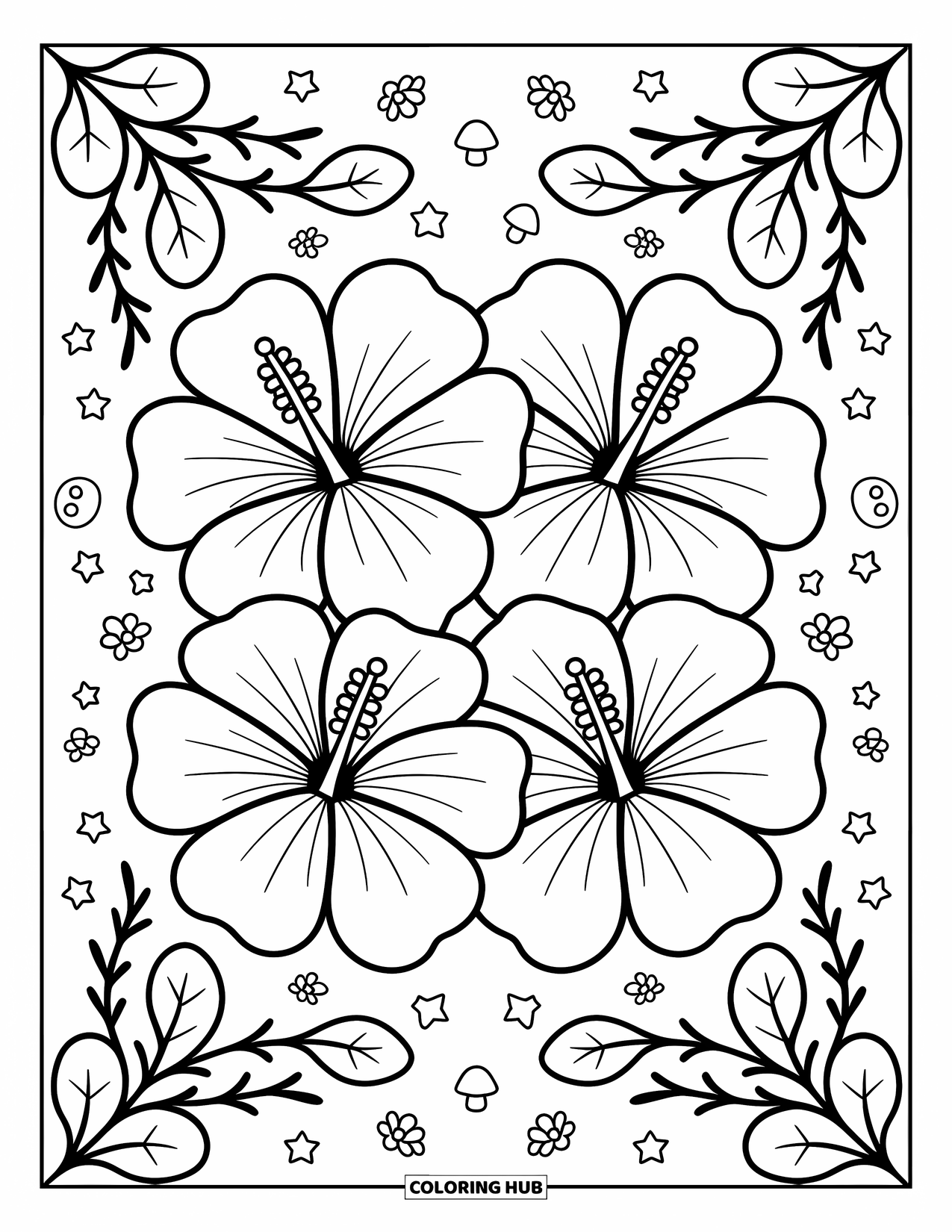 Hawaiian Flower Coloring Page for Adults: Hibiscus flowers form a tight trio surrounded by playful leaves and cheerful mini creatures