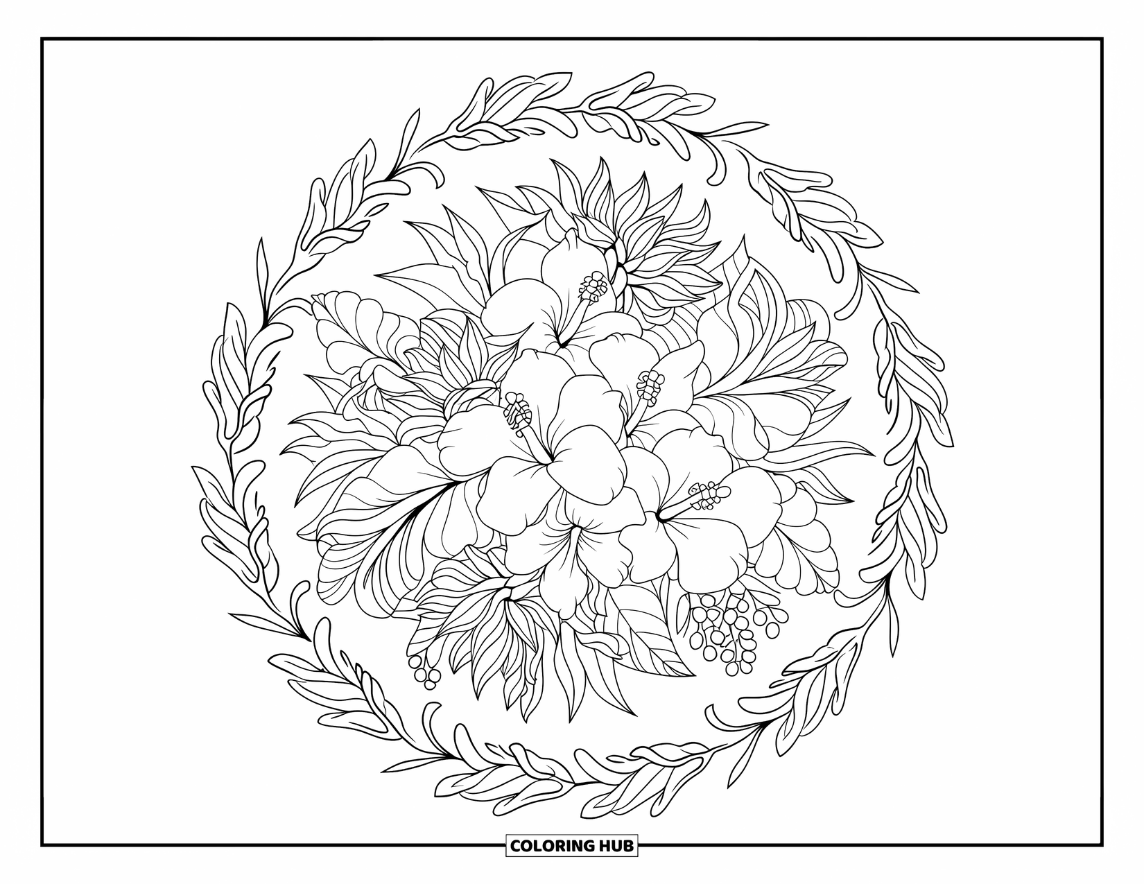 Hawaiian Flower Coloring Page for Adults: Mixed Hawaiian flowers fill a bouquet framed by an intricate floral mandala border