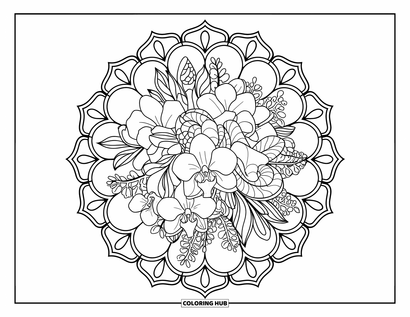 Hawaiian Flower Coloring Page for Adults: Orchids, ginger, and hibiscus bloom within a mandala of circles and triangles