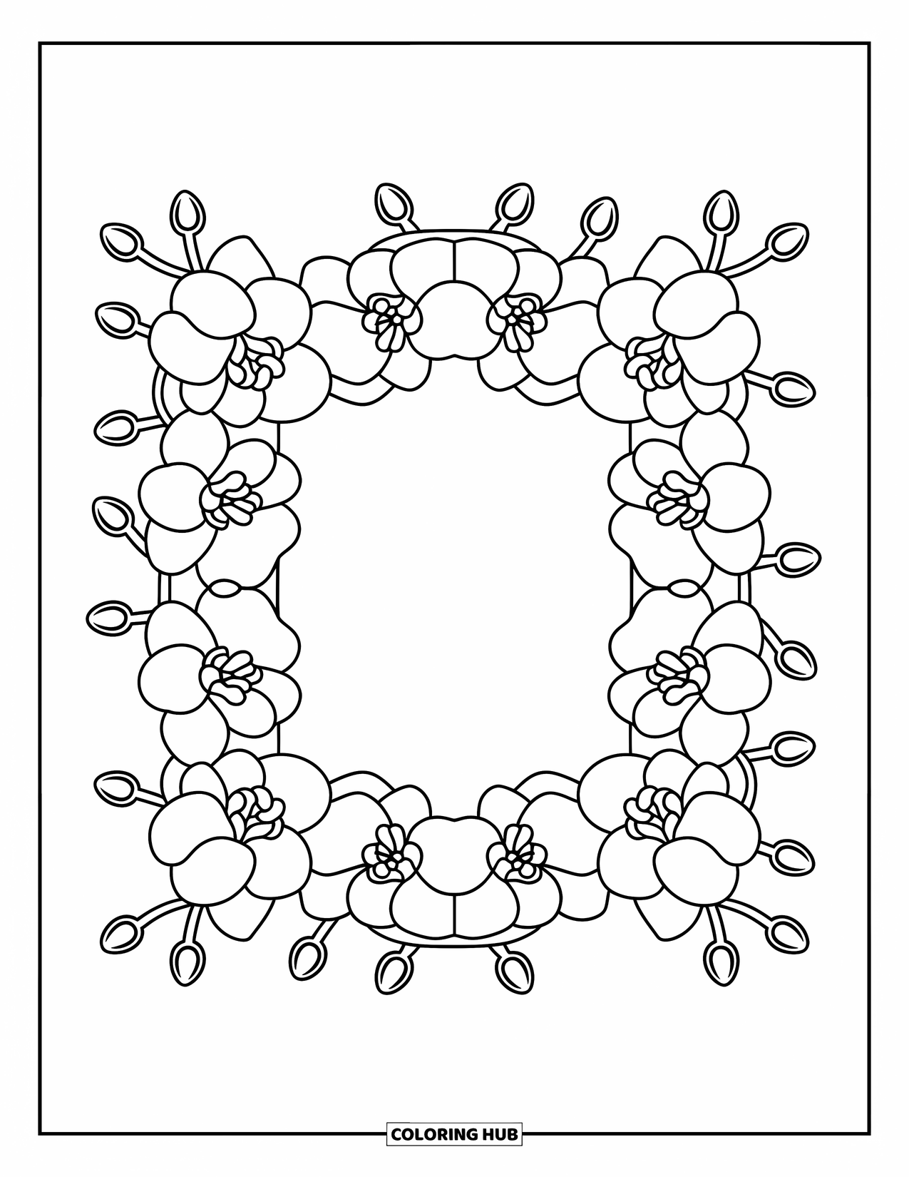 Hawaiian Flower Coloring Page for Adults: Orchids puff out along a rectangle frame with buds tucked into each cozy corner
