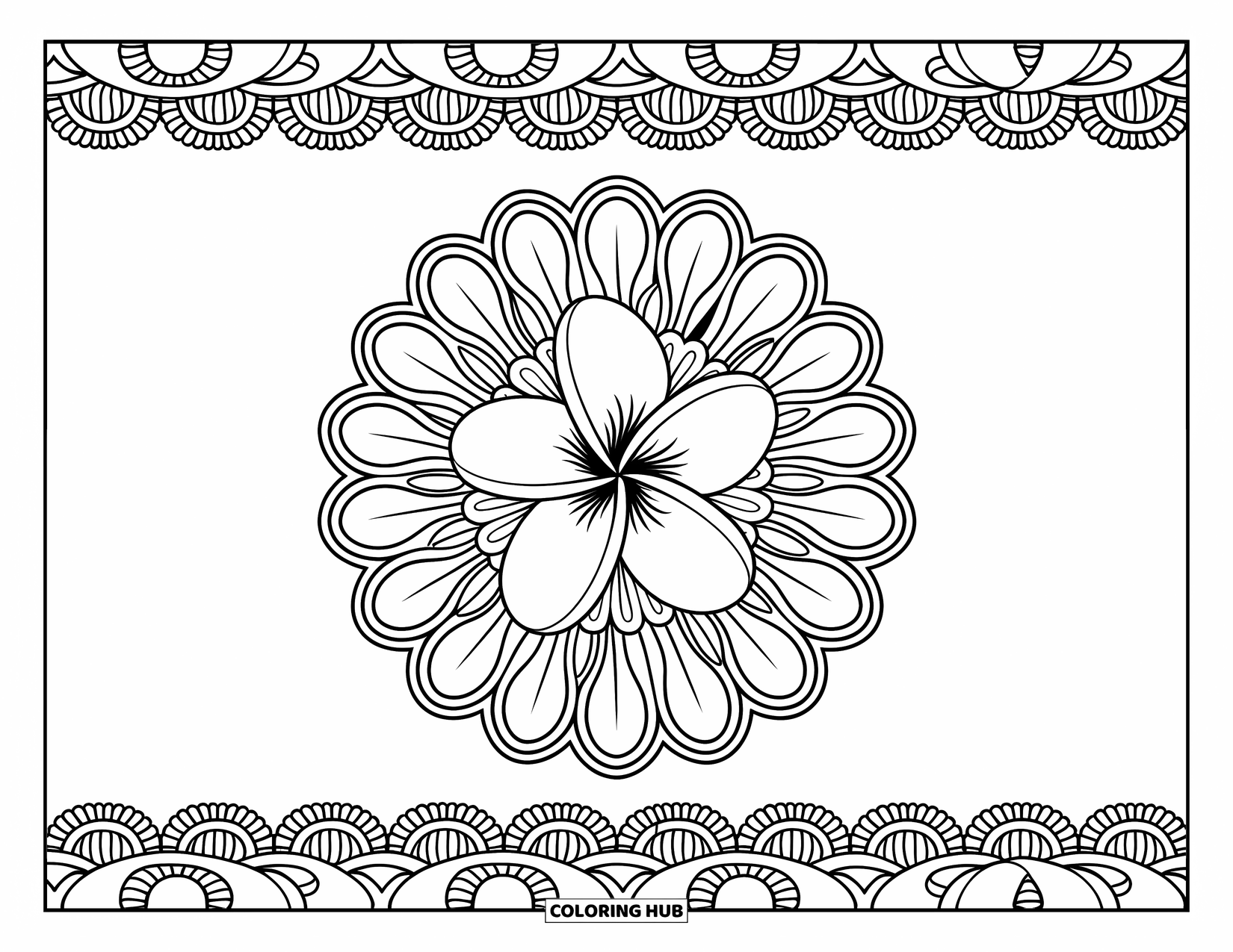 Hawaiian Flower Coloring Page for Adults: Plumeria bloom sits within circular floral rings and a detailed lace-style frame