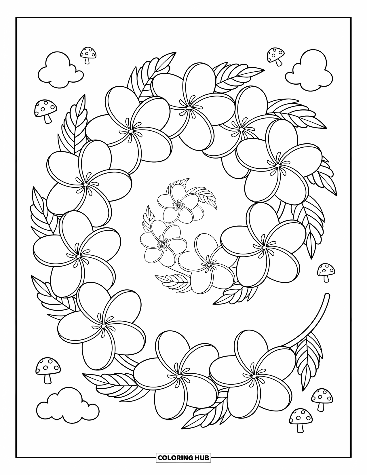 Hawaiian Flower Coloring Page for Adults: Spiraling plumeria flowers with five petals curl with playful leaves and kawaii doodles