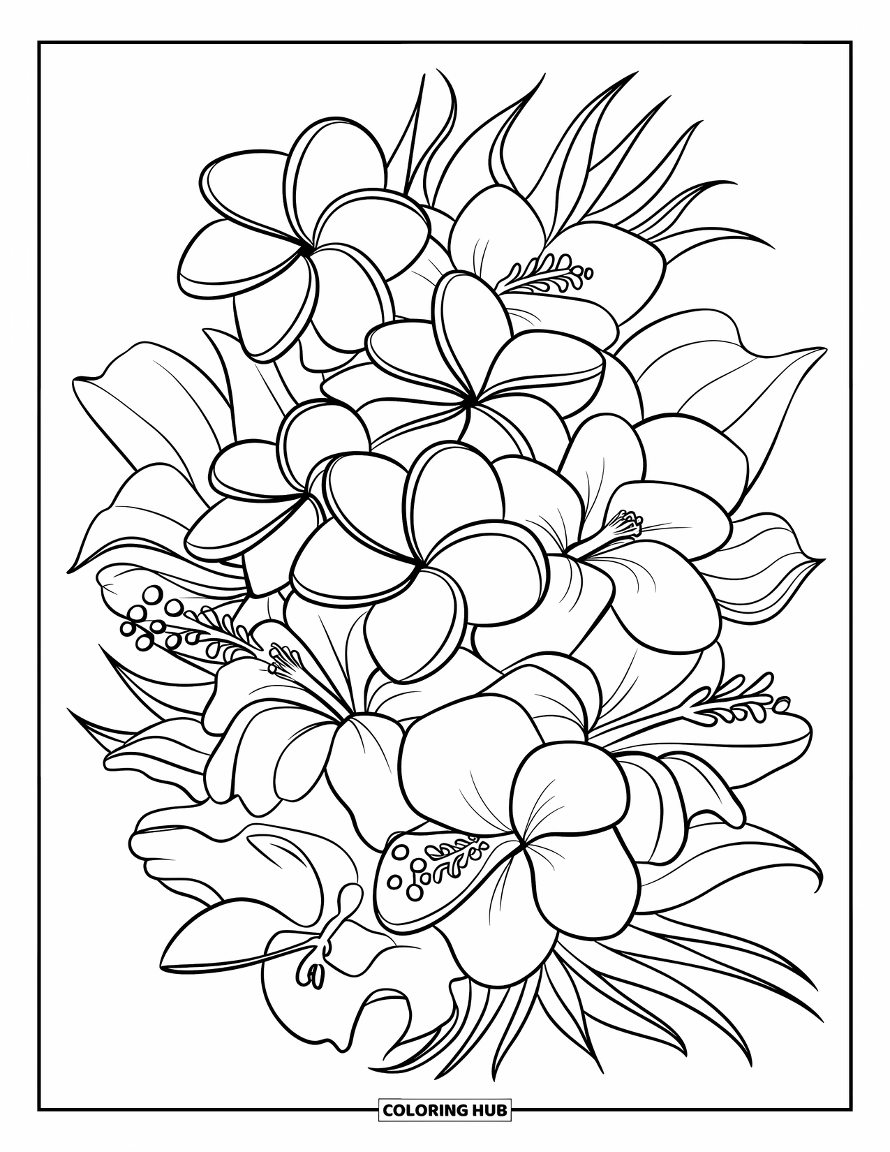 Hawaiian Flower Coloring Page for Kids: Plumeria, hibiscus, and orchids overlap in a stylish bouquet