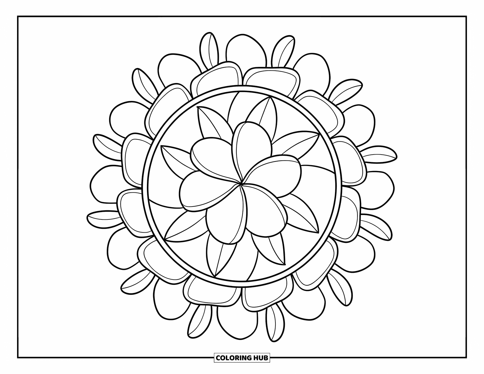 Hawaiian Flower Coloring Page for Kids: Plumeria mandala with flower layers and a surrounding floral circle