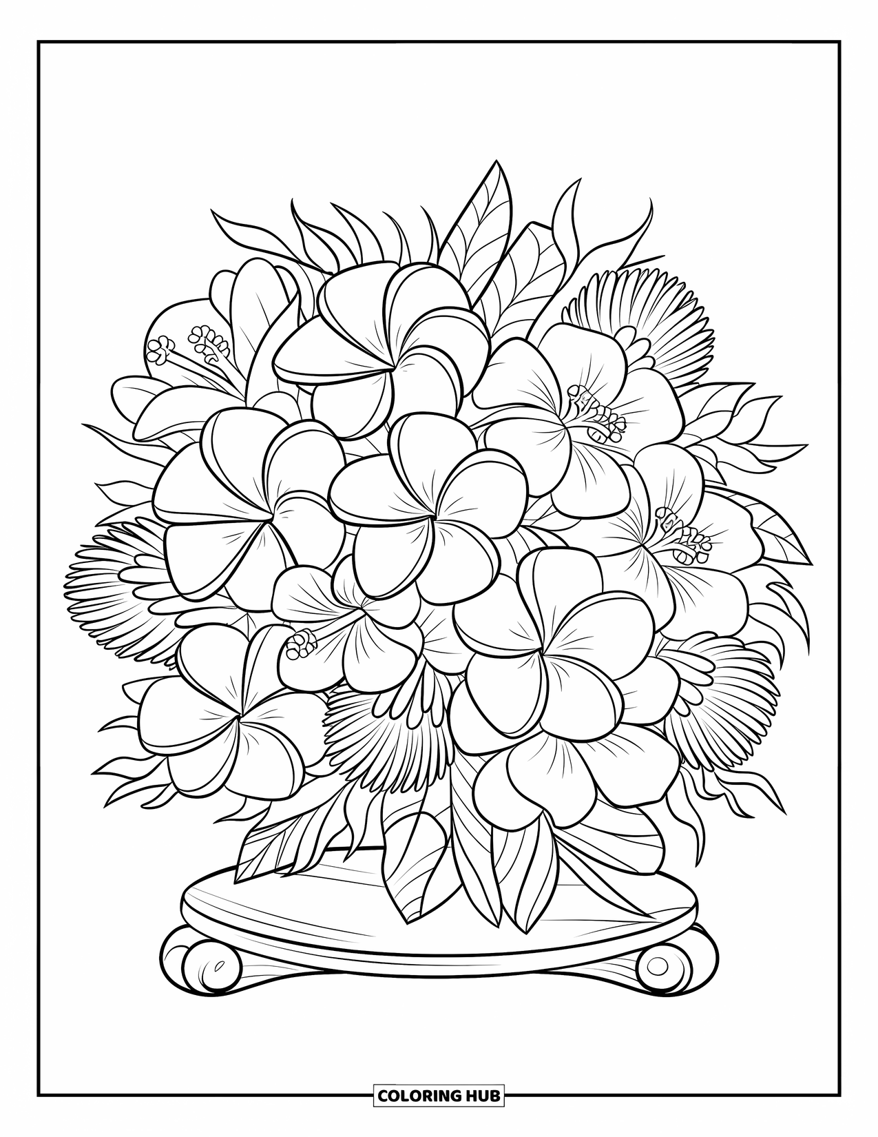 Hawaiian Flower Coloring Page for Kids: Round bouquet of tropical flowers resting on a wooden stand