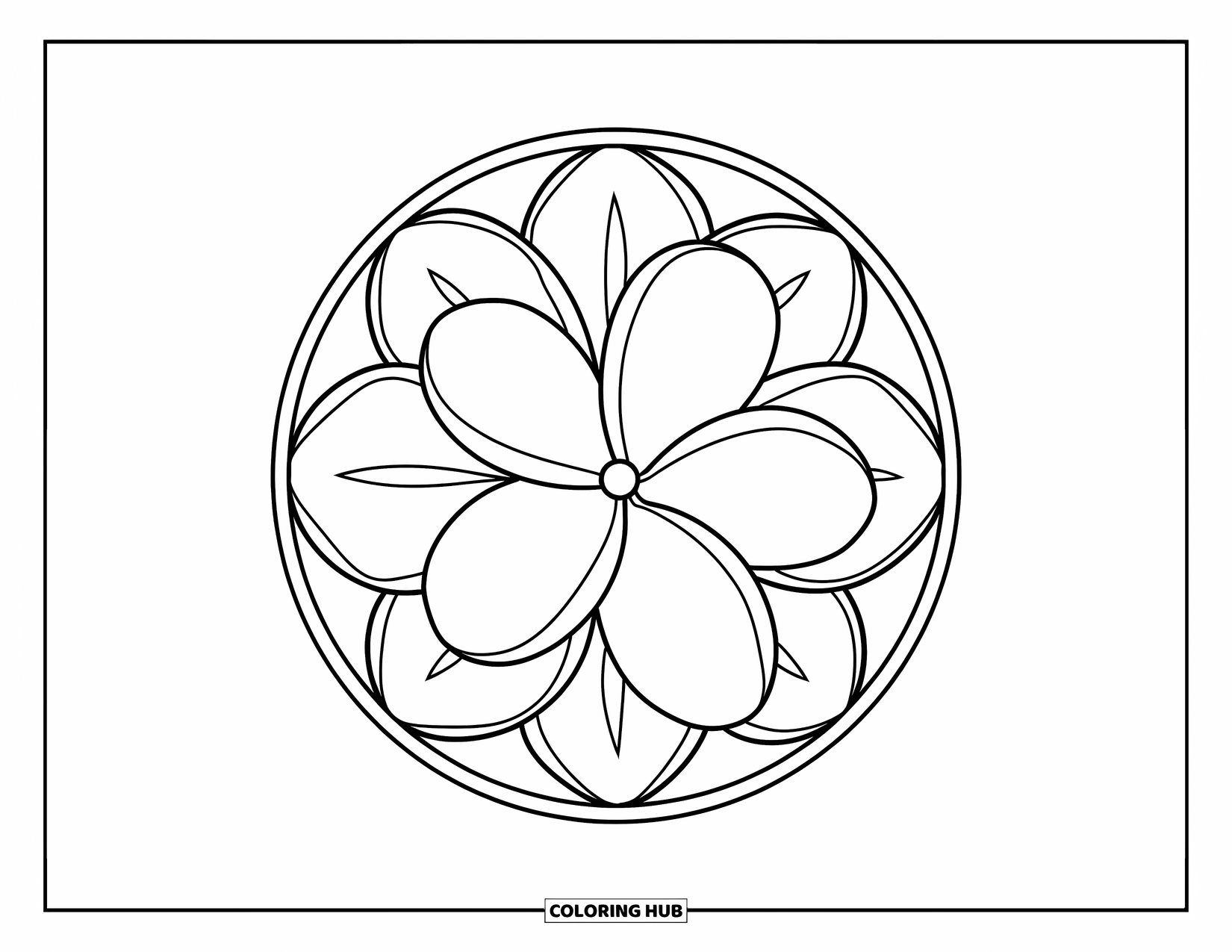 Hawaiian Flower Coloring Page for Kids: Simple plumeria mandala with three floral layers and clean lines