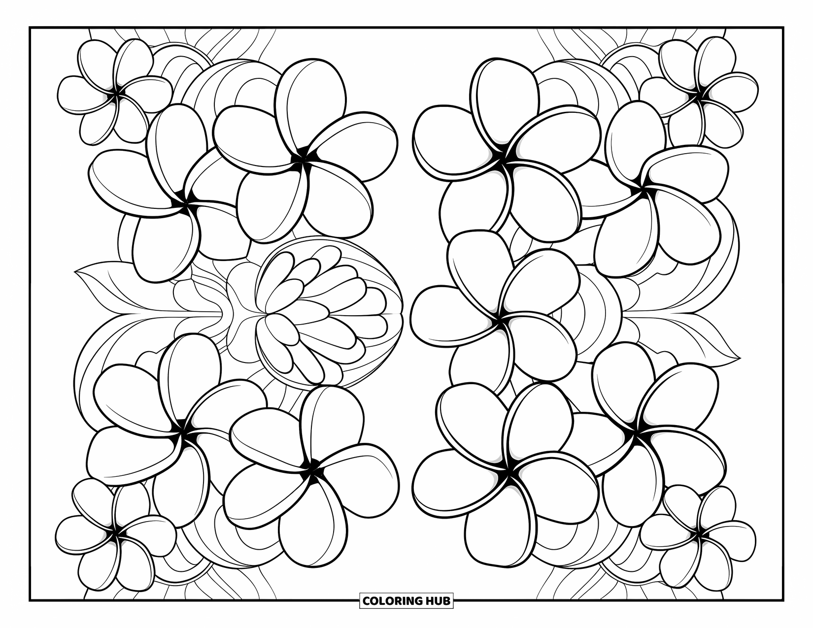 Hawaiian Flower Coloring Page for Kids: Stylish plumeria and tiare flowers arranged in a symmetrical floral pattern