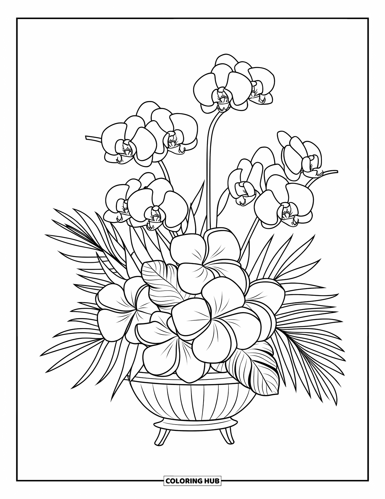 Hawaiian Flower Coloring Page for Kids: Tiare and orchids form a bouquet set on a wooden stand