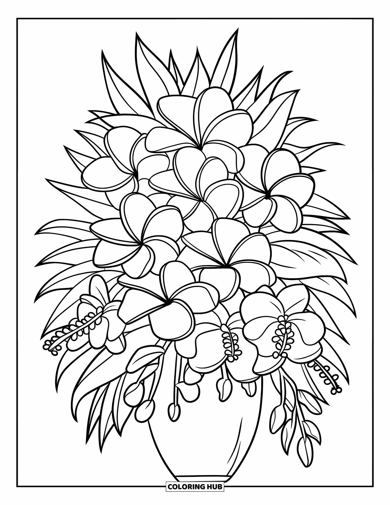 Hawaiian Flower Coloring Page for Kids: Vase holds a bouquet of overlapping tropical flowers