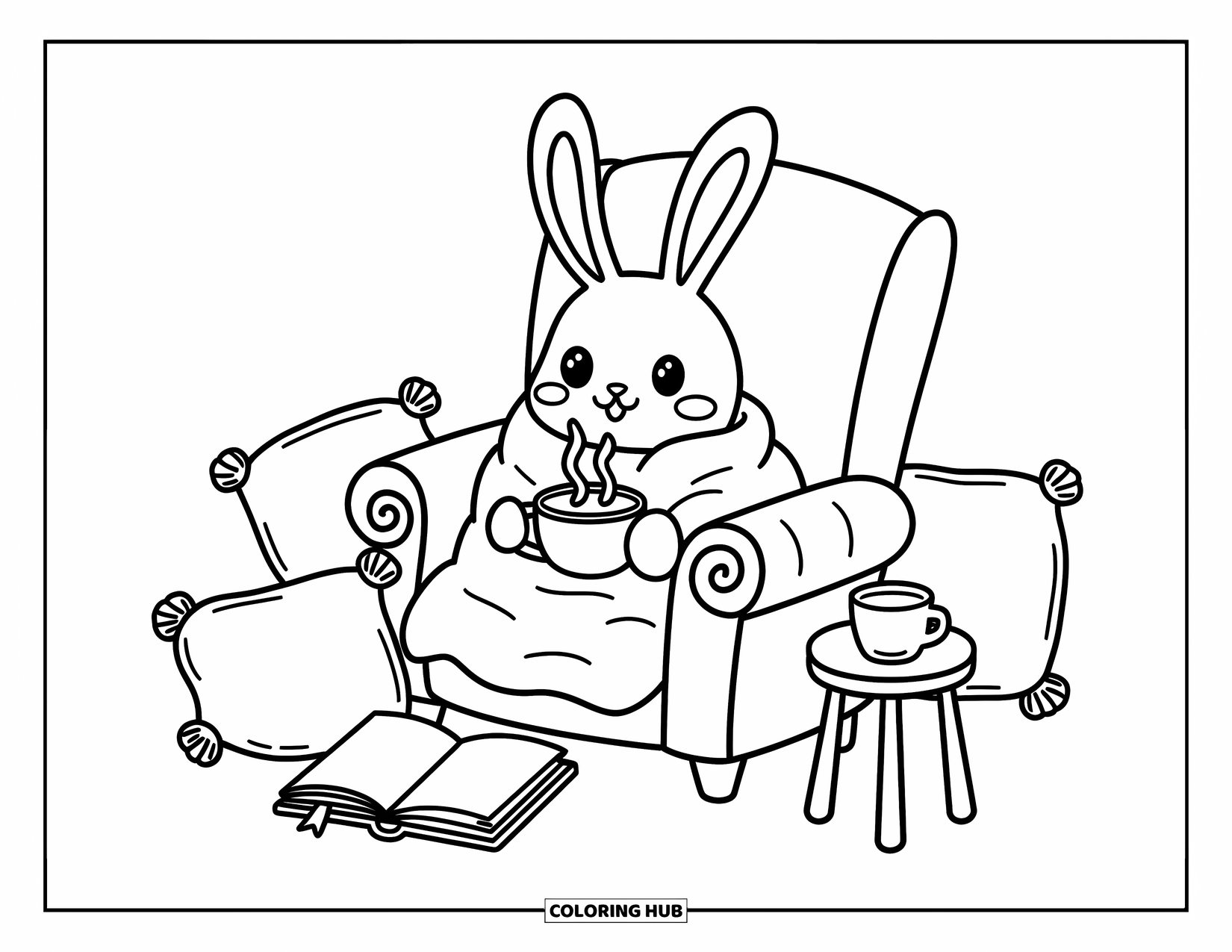 Hot Cocoa Coloring Page for Adults: A bundled bunny sips cocoa in a cushioned chair surrounded by pillows and books