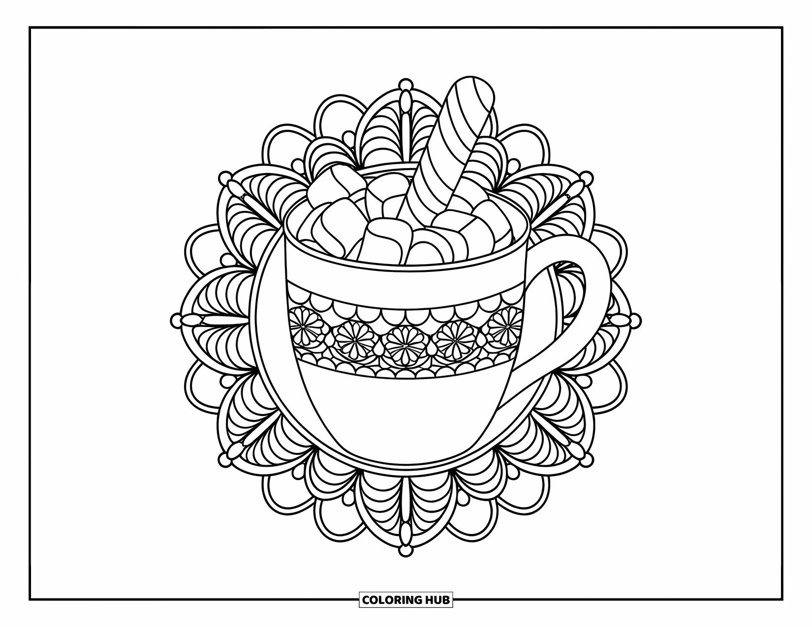 Hot Cocoa Coloring Page for Adults: A classic cocoa mug with peppermint and marshmallows sits among floral lace mandalas