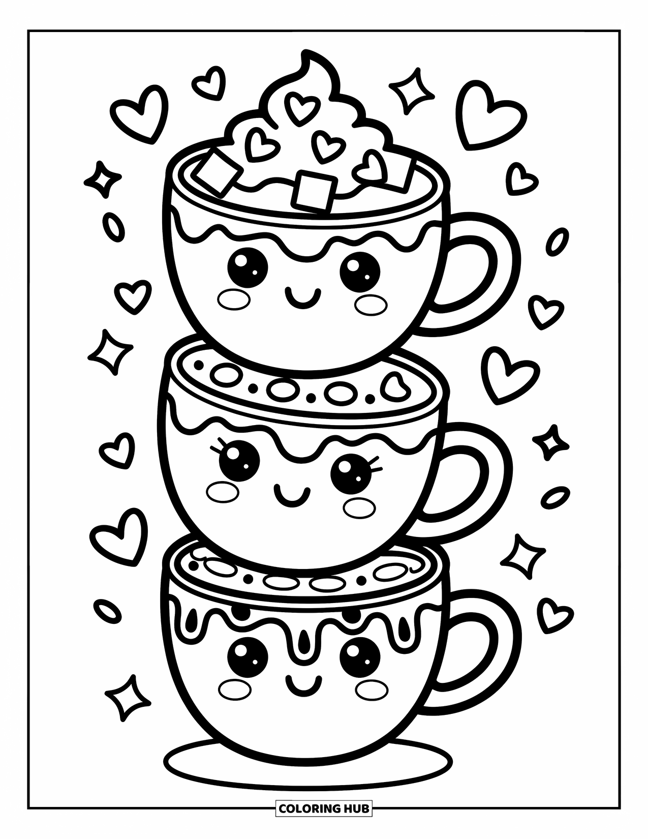 Hot Cocoa Coloring Page for Adults: A cocoa tower of smiling mugs is surrounded by playful stars and sweet doodles