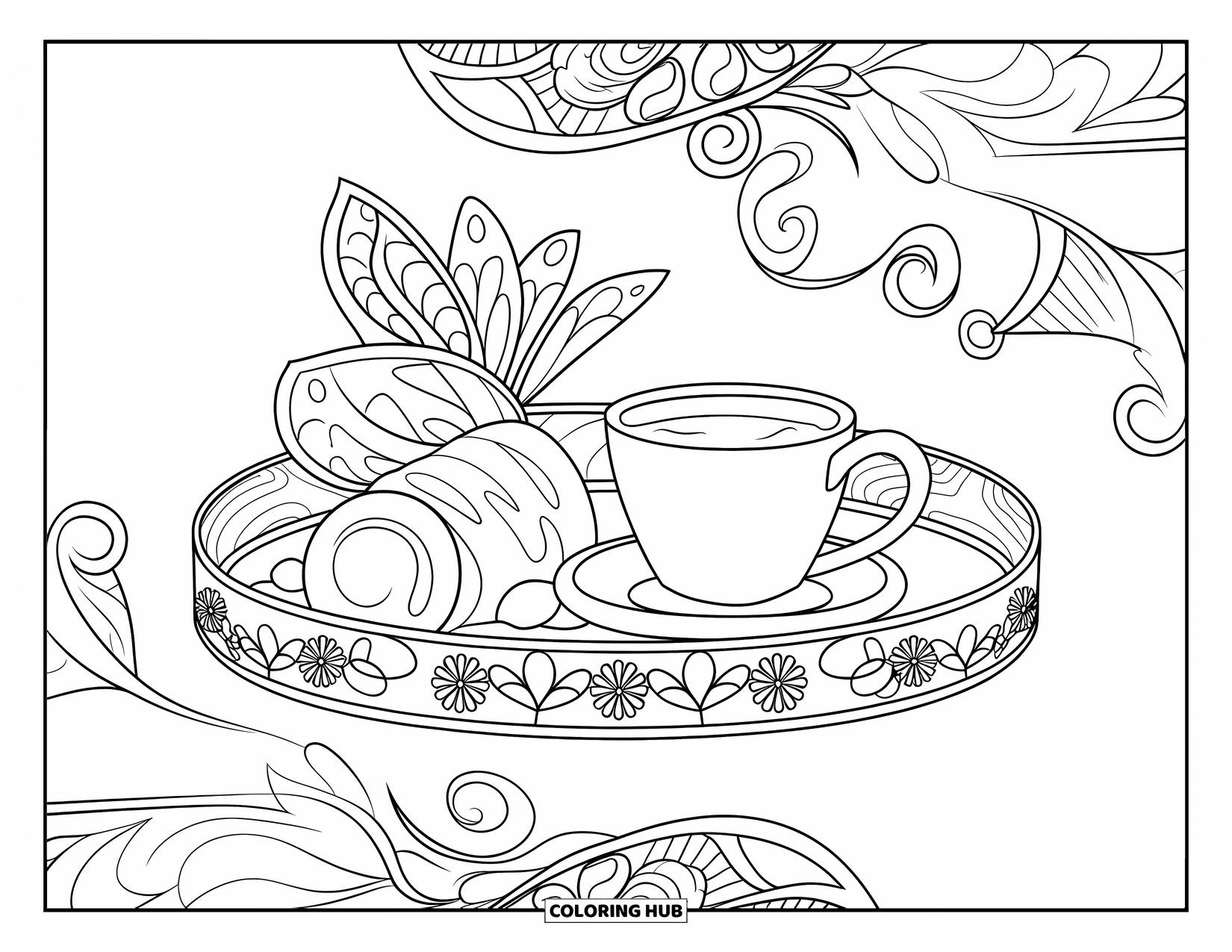 Hot Cocoa Coloring Page for Adults: A cocoa tray with floral borders invites relaxation with soft botanical patterns
