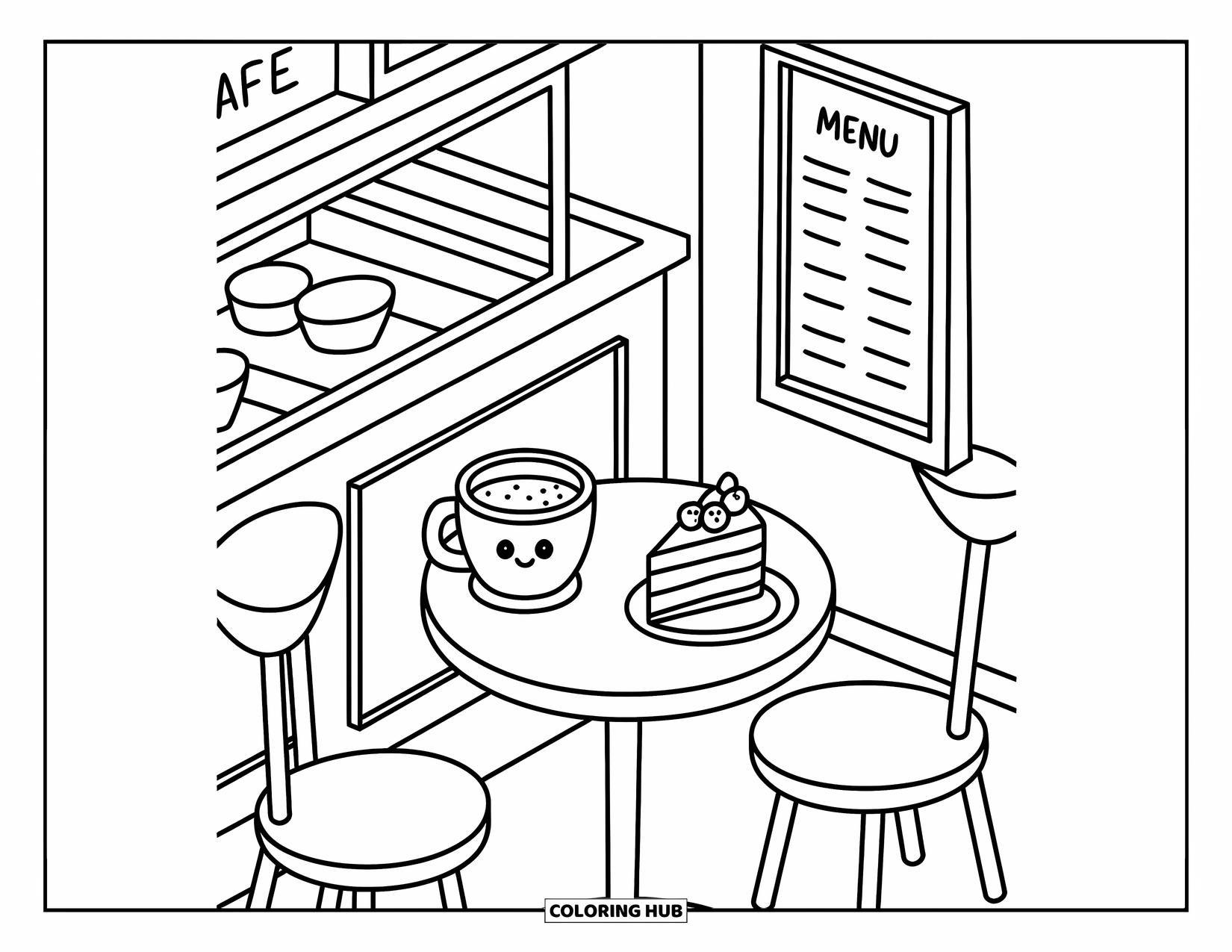 Hot Cocoa Coloring Page for Adults: A cozy café corner shows cocoa, cake, and a cheerful napkin on a tiny table