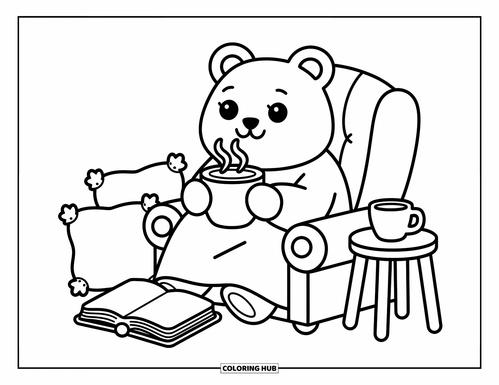 Hot Cocoa Coloring Page for Adults: A cute bear snuggles with cocoa, pillows, and a storybook in a cozy seat