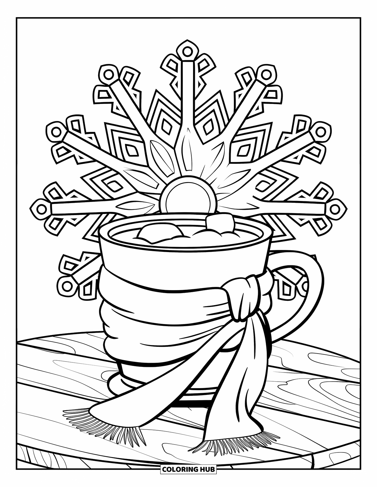 Hot Cocoa Coloring Page for Adults: A marshmallow floats in cocoa wrapped in a bow-tied scarf with snowy mandalas behind