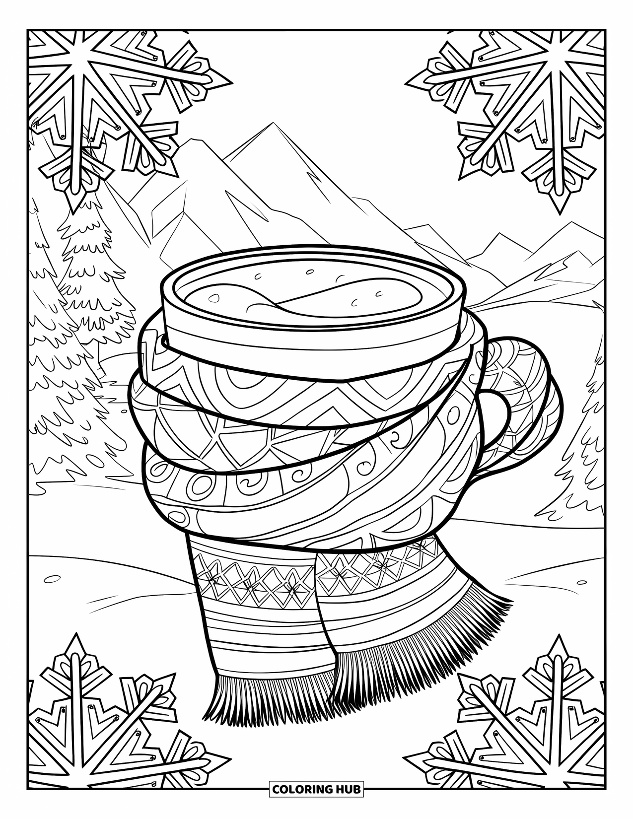 Hot Cocoa Coloring Page for Adults: A scarf-wrapped cocoa cup glows in front of snowy mandalas and mountain trees