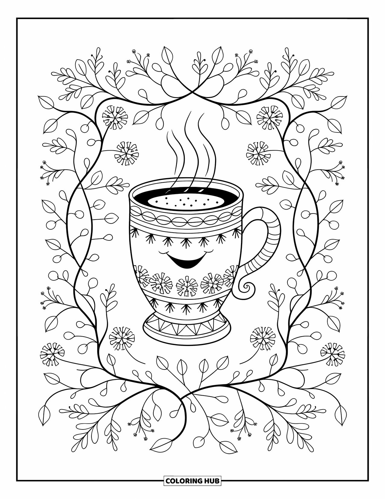 Hot Cocoa Coloring Page for Adults: A smiling cocoa mug is hugged by swirling vines and winter berries