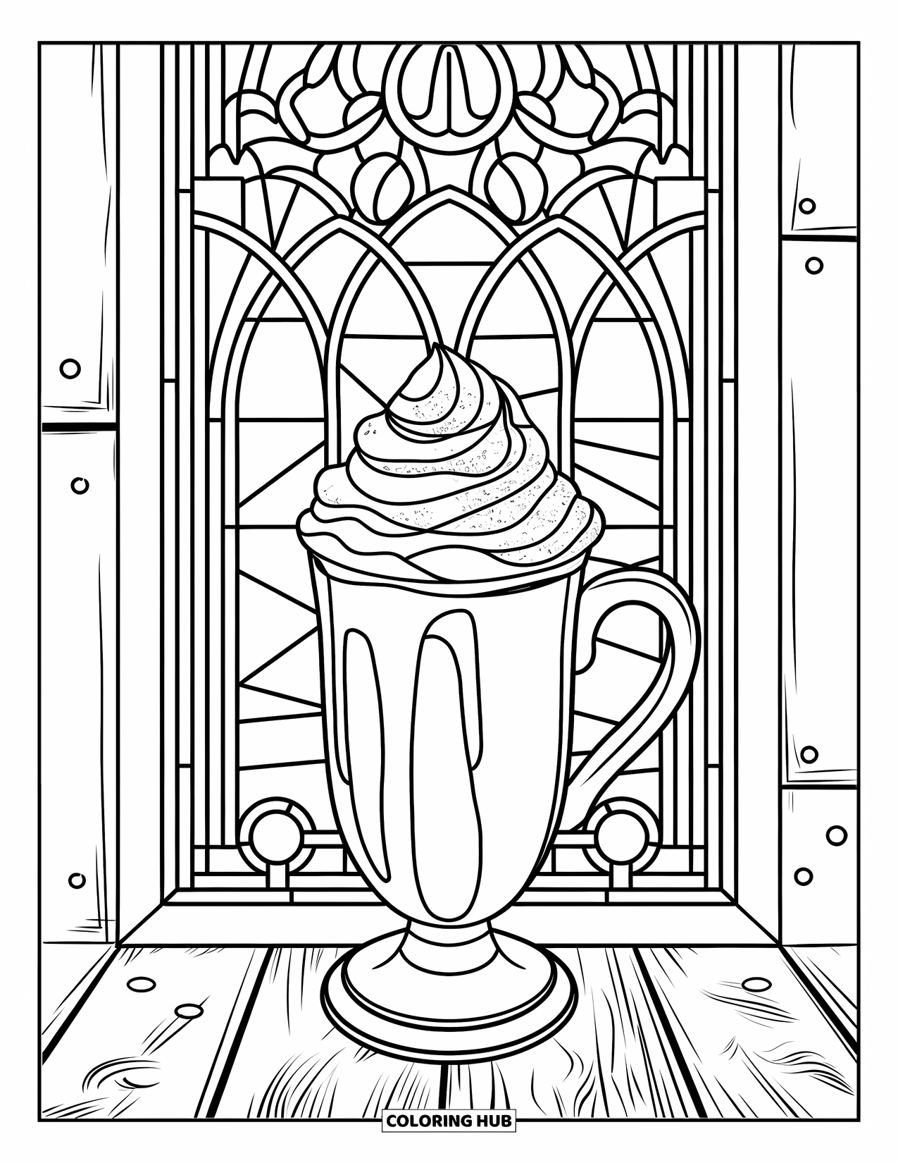 Hot Cocoa Coloring Page for Adults: A tall cocoa mug with whipped cream rests near detailed stained glass patterns