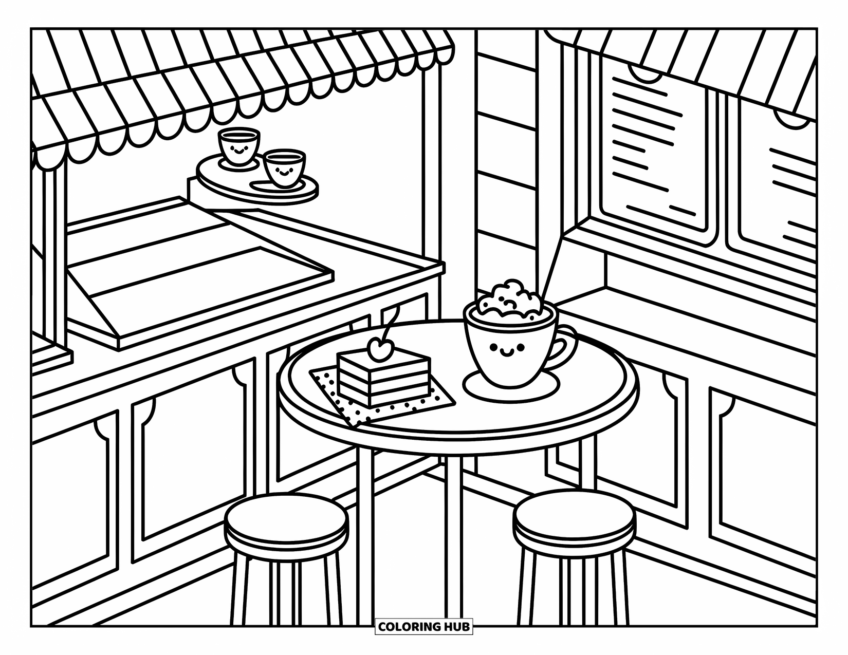 Hot Cocoa Coloring Page for Adults: A tiny café table holds cocoa, cake, and a sweet napkin in a cozy setting