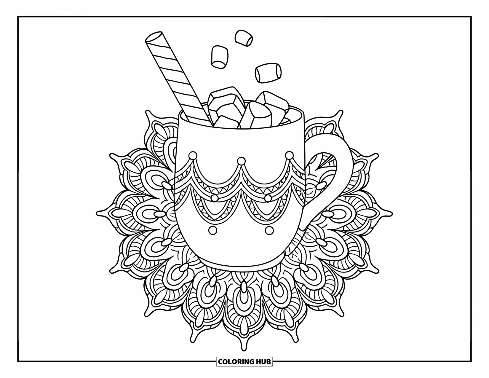 Hot Cocoa Coloring Page for Adults: A warm cocoa mug with peppermint is wrapped in floral lace mandala designs