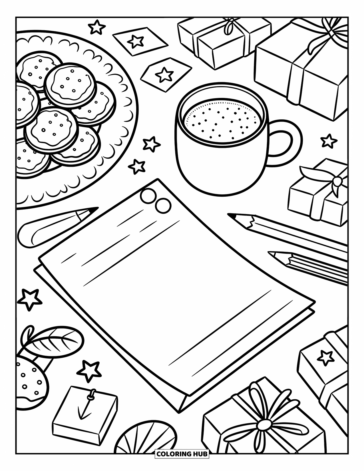 Hot Cocoa Coloring Page for Adults: Cocoa, cookies, and a letter sit on a table with wrapping scraps and tags