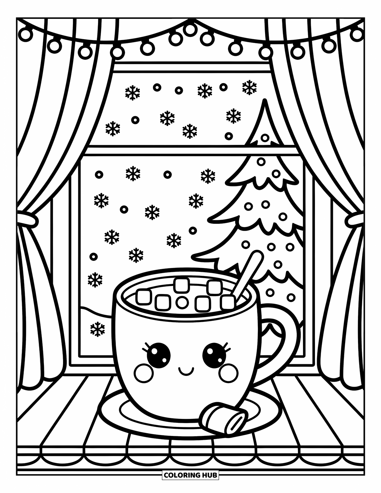 Hot Cocoa Coloring Page for Adults: Hot cocoa and marshmallows sit on a windowsill with falling snow outside